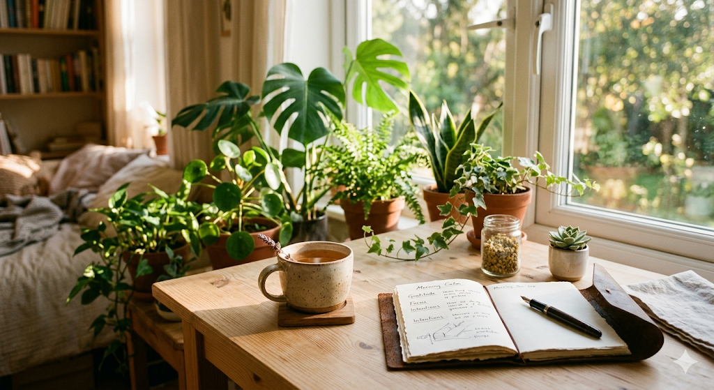 Natural workspace with herbal tea and morning light representing calm focus and concentration