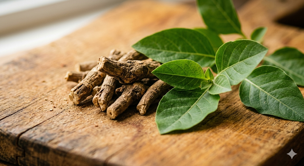 Dried ashwagandha root and fresh leaves representing KSM-66 adaptogen for focus and concentration
