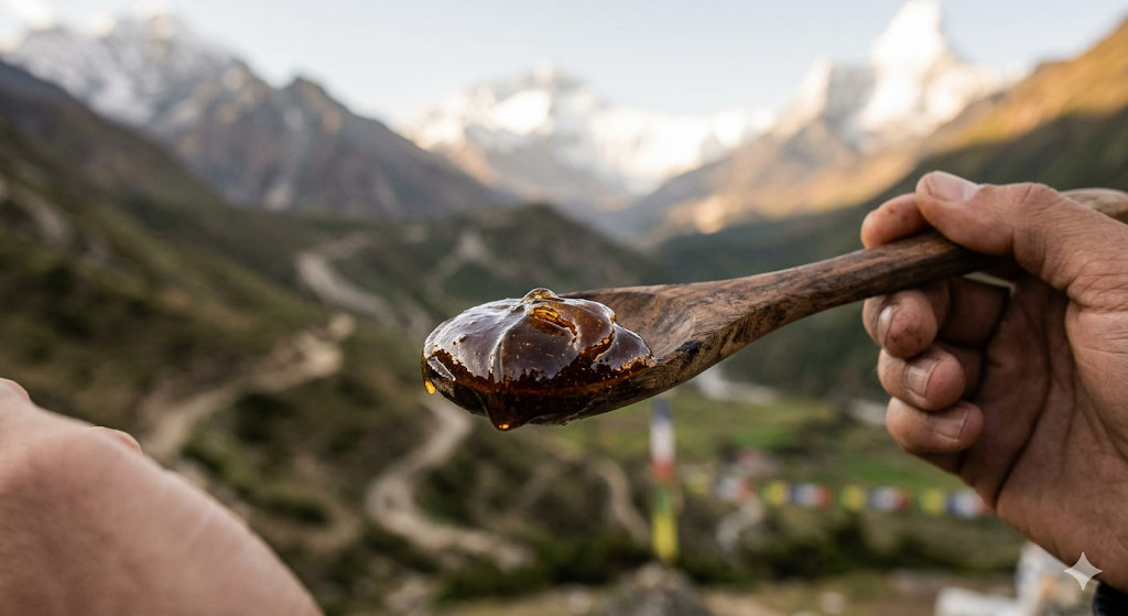 Pure Himalayan shilajit resin on wooden spoon with mountain backdrop representing natural cognitive support