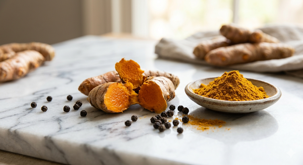 Fresh turmeric root and ground curcumin with black peppercorns for enhanced bioavailability and brain health