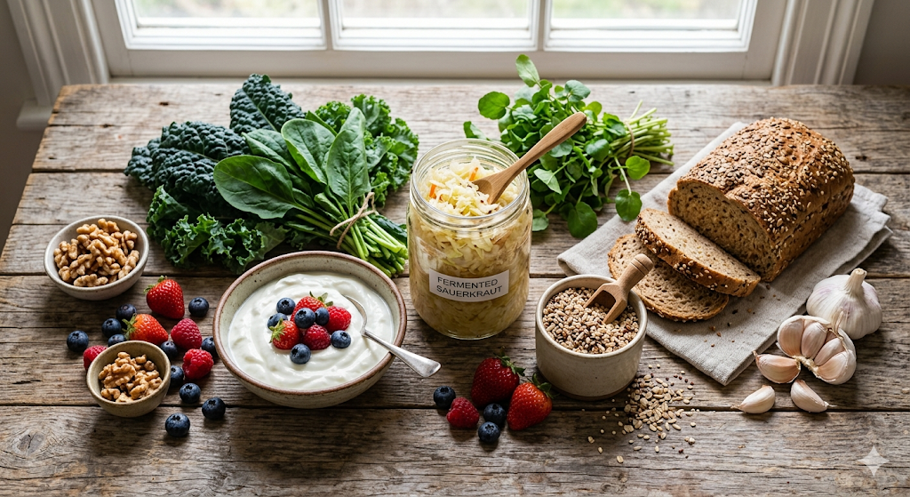 Gut-brain axis supporting foods including fermented vegetables yoghurt berries and leafy greens for natural cognitive health