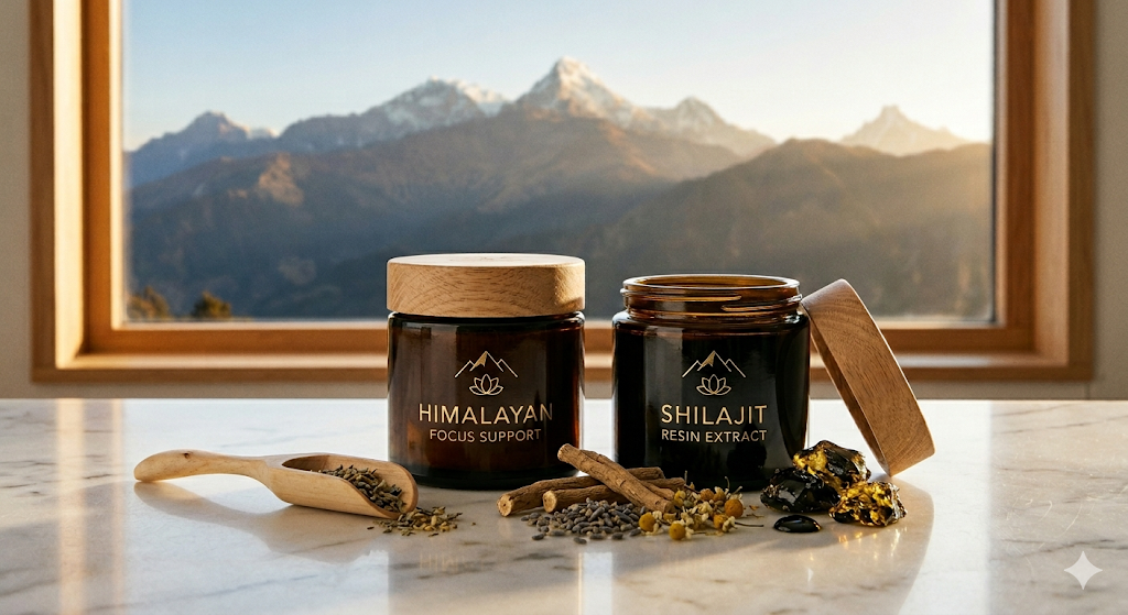 Premium natural supplement products including shilajit resin and ashwagandha representing quality herbal focus support