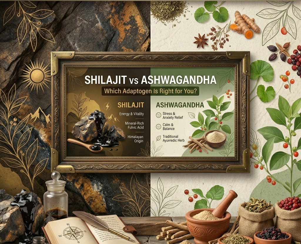 Shilajit resin vs Ashwagandha powder — two Ayurvedic adaptogens compared