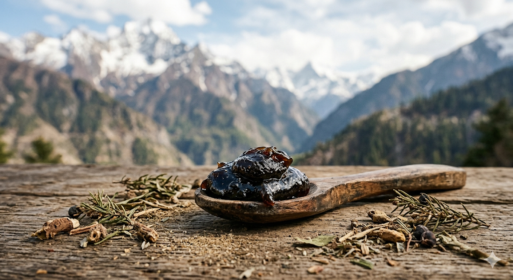 Pure Himalayan Shilajit resin on wooden spoon — natural mineral supplement
