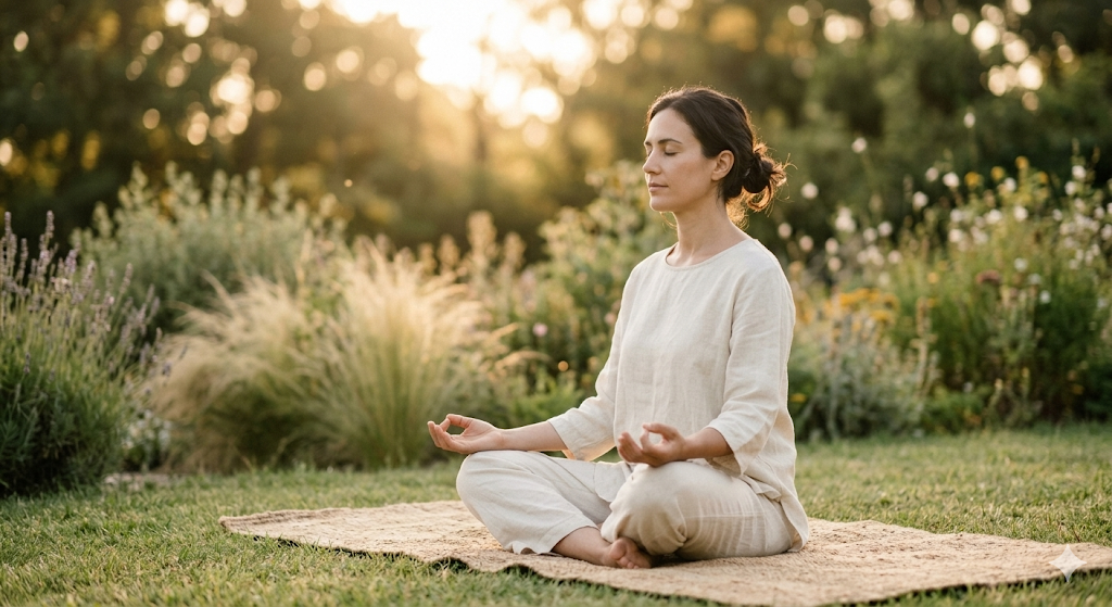 Woman meditating in nature — Ashwagandha is clinically shown to reduce cortisol and stress
