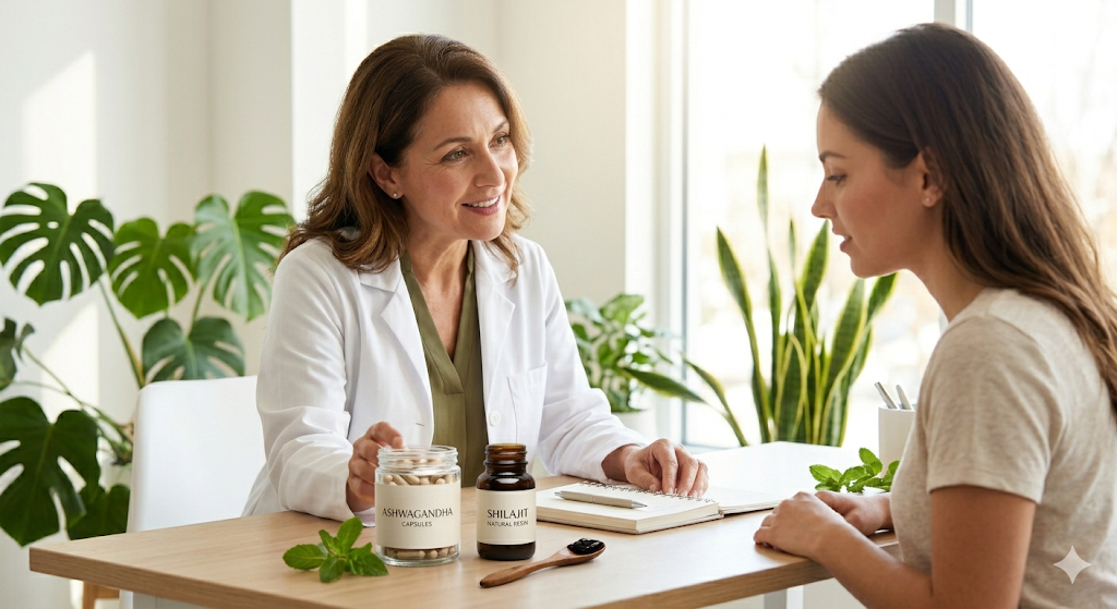 Doctor consulting with patient about supplements — always discuss adaptogens with your healthcare provider