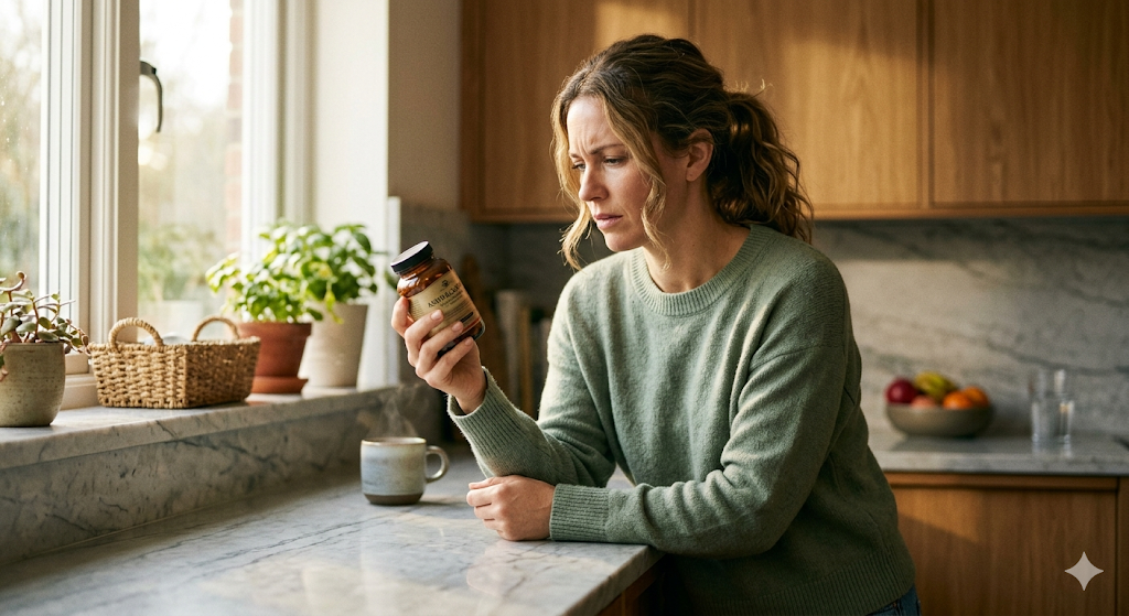 Woman examining ashwagandha supplement bottle on kitchen counter in morning light