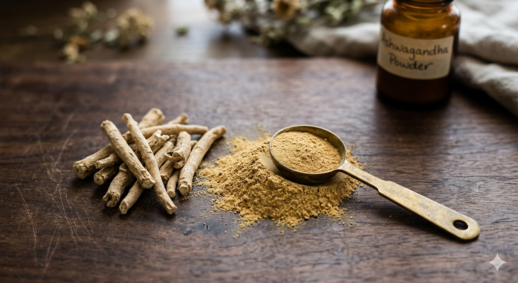 Dried ashwagandha root and powder with measuring spoon on wooden surface