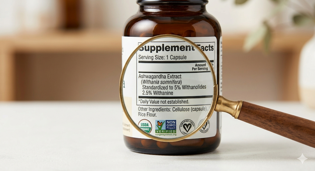 Close-up of ashwagandha supplement label with standardisation and certification details