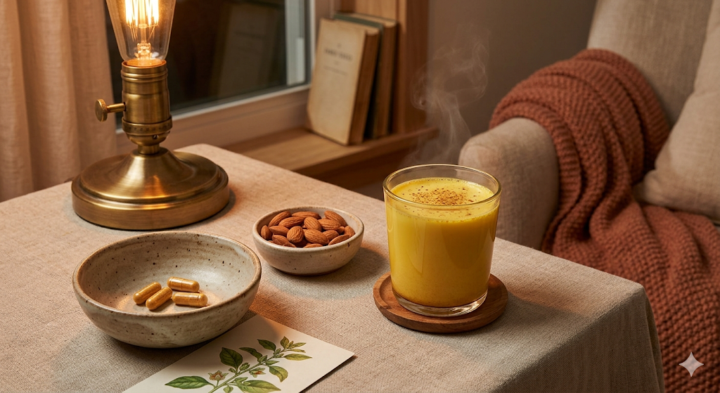 Ashwagandha capsules with warm milk and almonds for evening dosing routine