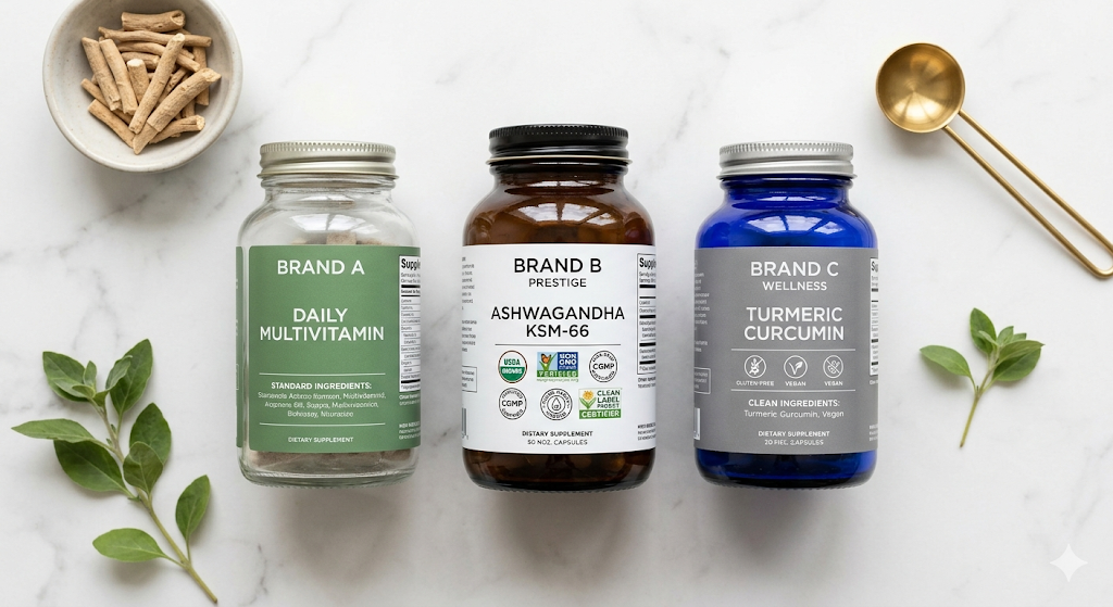 Comparing supplement labels showing quality certifications and clean ingredients