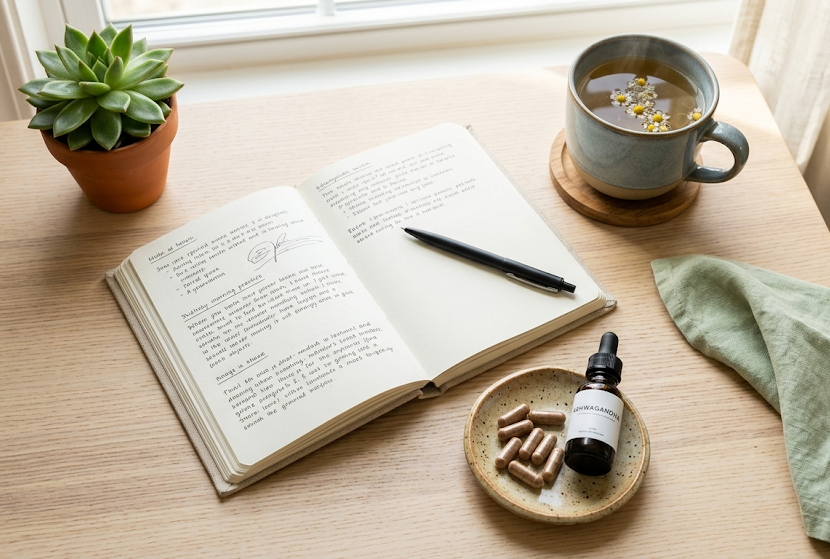 Wellness routine flat lay with ashwagandha capsules, journal, and herbal tea