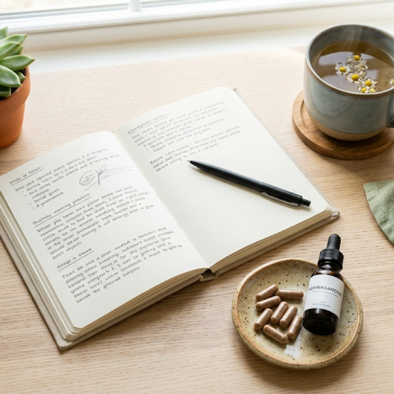 Wellness routine flat lay with ashwagandha capsules, journal, and herbal tea